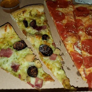Figgy  stardust &amp; pepperoni pizza cut in half slices
