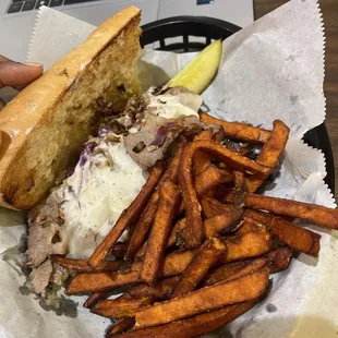 BBQ Brisket Hoagie and Sweet Potato Fries