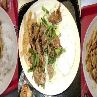 three plates of food on a red tray