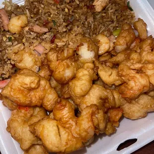This is the sweet &amp; sour shrimp sauce on the side and the combination rice.
