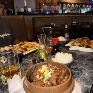 Spicy beef in banana leaf.