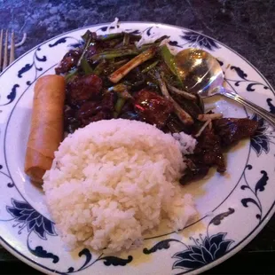 Mongolian beef with vegetable spring roll and steamed rice.