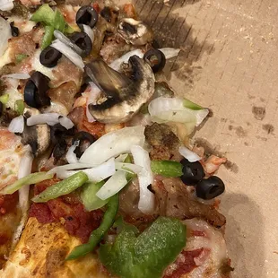 Veggie pizza with added sausage &amp; meatballs