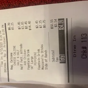 the receipt for the restaurant