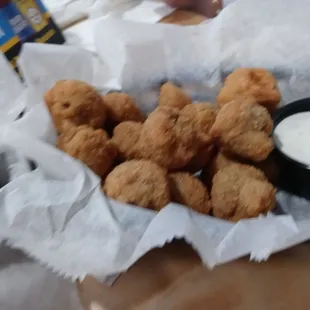 Hand breaded mushrooms.
