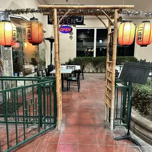 the entrance to a restaurant