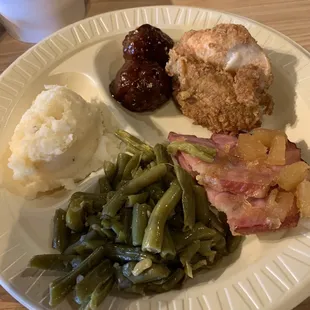 Mashed Potatoes, green beans, meatballs, chicken and ham.