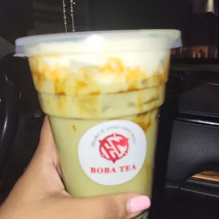 Jumbo Green Tea Milk Tea w/boba &amp; cream cheese