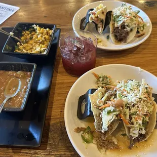 Charrrrro Beans, Elote, Shrimp Taco, Skirt Steak Taco, Carnitas Taco, Not QuesaBirria Taco. A Strawberry Cilantro Margarita.