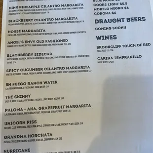 Booze Menu - recommend the Unicorn Piss!