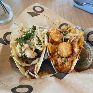 Left: Fried Avocado Taco Right: Breakfast Taco