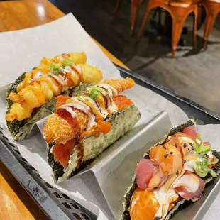 Taco - Shrimp Tempura, Crunch&amp;Fire, Savory (left to right)