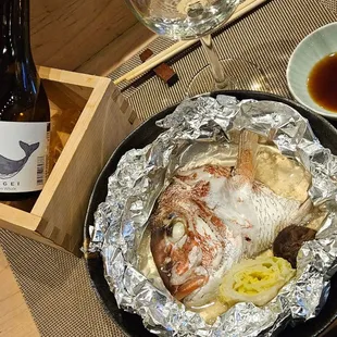 Tai no Saka Mushi: Luscious Snapper head steamed in Sakè (sah keh)