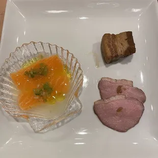 Salmon crudo, duck tenderloin, and braised pork belly