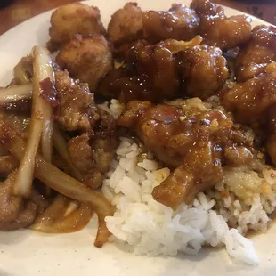 General Tso's Chicken (right), Mongolian Pork (left), Chicken Balls (top)