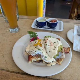 Sandwich Medianoche with Egg + Hollandaise, bacon, avocado.  Beer and a shot.