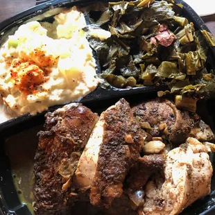 Jerk Chicken dinner with absolutely excellent collards and house-made potato salad.