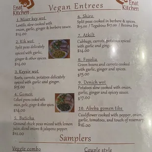 Vegan menu