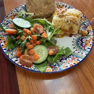 Lasagna with salad and bread