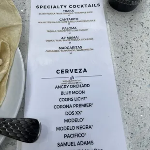 Drink menu. Happy hour 3-6 $5 margaritas