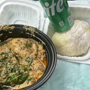 Soup w/2pc chicken &amp; fufu. Mini Sprite for size comparison. $20 not including Sprite.