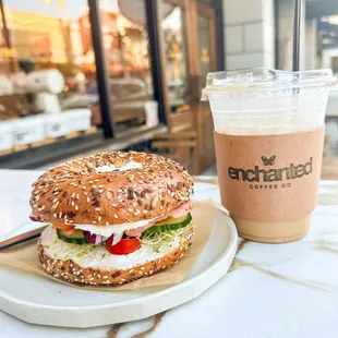 Lox Everything Bagel and Iced Duo Latte