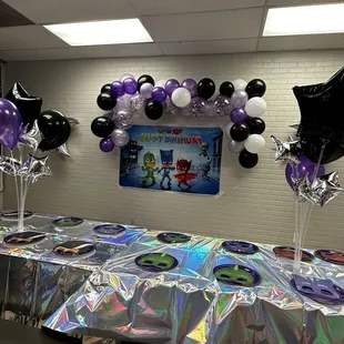 Attempted to do our own decorations. Was Luna Girl/Pj Mask themed