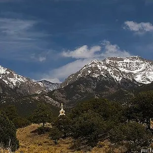 The Crestone Mountains of the Sangre de Christo range with Tibetan Stupa near Enchanted Forest Accommodations.