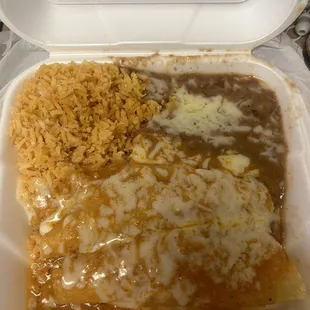 Chicken Enchiladas with red sauce and rice and beans