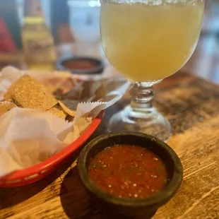 Generous margarita portion with good quality chips &amp; very tasty salsa