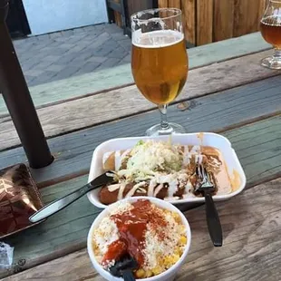 a plate of food and a glass of beer