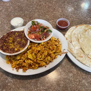 Chorizo and eggs. Pico de gallo. Flour tortillas