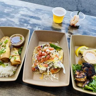 Lobster Lumpia, Fish Shop Shrimp Taco, Fish Shop Shrimp and Oyster Shooter