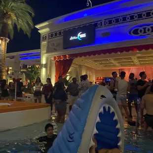 a crowd of people in a pool