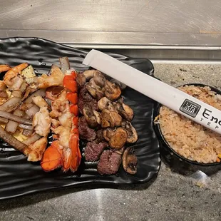 Filet and Lobster with Fried Rice, Veggies and Shrimp Appetizer