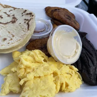 Guatemalan Breakfast, with soft masa tacos, black refried beans, and more of those awesome plantains.