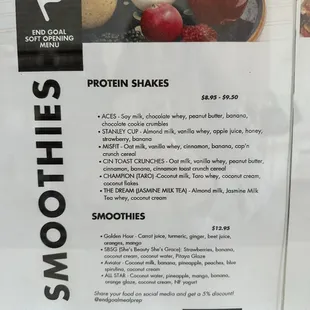a menu for smoothies