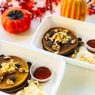Seasonal Autumn Breakfast~ Pumpkin Pancakes! Served with thinly sliced apples, walnuts and dark chocolate chips with an organic maple syrup.