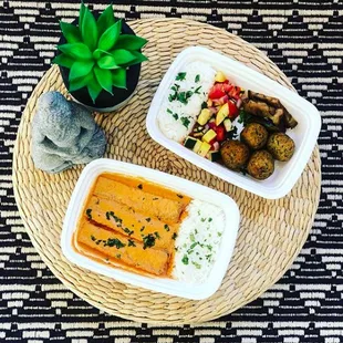 All of our meals have vegetarian options such as these faves! Falafel Mediterranean Bowl (Top) and Indian Butter Tofu (Bottom)