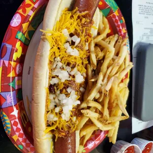 Footlong chili dog and fries