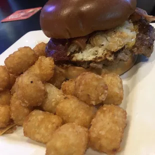 Breakfast burger and tater tots