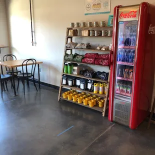 Old fashioned soda cooler and coffee mugs