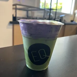 Matcha latte with ube foam