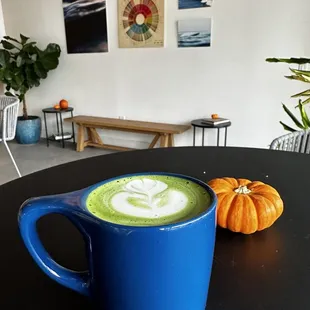 matcha latte with oat milk and vanilla!