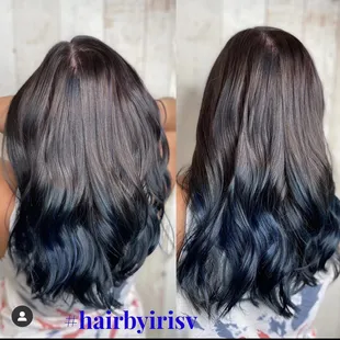 Ombré blue ends with some baby lights of blue.