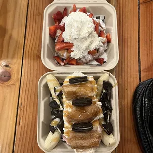 a banana split, strawberries, and ice cream