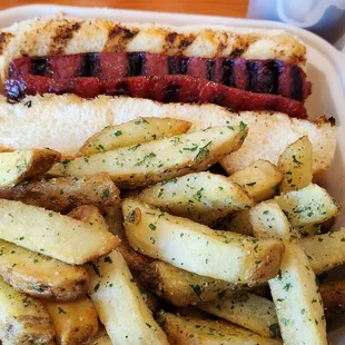 Grilled hotdogs with garlic fries