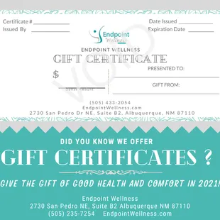 Want to give the gift of good health to someone you care about? We offer gift certificates in the denomination of your choosing.