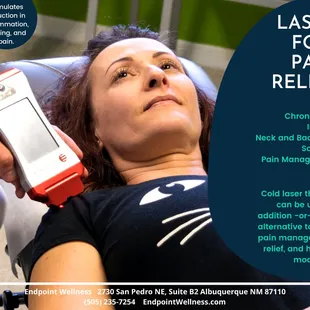 Laser therapy can be used as an alternative to or in addition to other pain management to reduce inflammation, swelling, and pain.