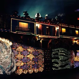 a train decorated with lights